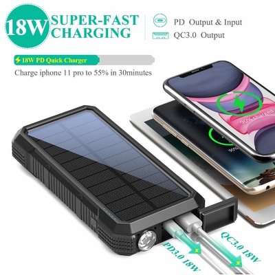 Przenośna bezprzewodowa ładowarka zasilana energią słoneczną 18W QC3.0 z 4 wyjściami
