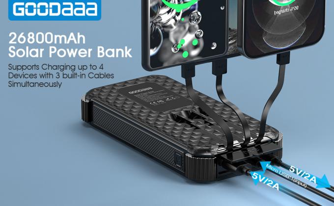 IPX5 Wodoodporna przenośna ładowarka zasilana energią słoneczną 26800 mAh z 3 wbudowanymi kablami 0